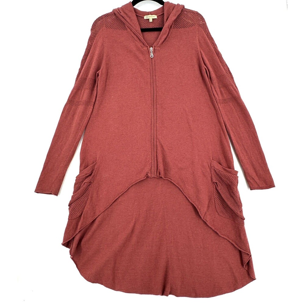 Democracy Angora Blend Hooded Cardigan Women M Rust High-Low Mesh Pockets Boho